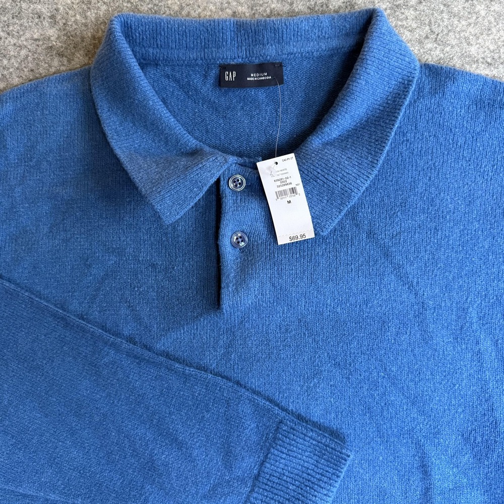 Gap Sweater Mens Medium Blue Cashsoft Polo Collar Knit Pullover Cotton Blend NWT